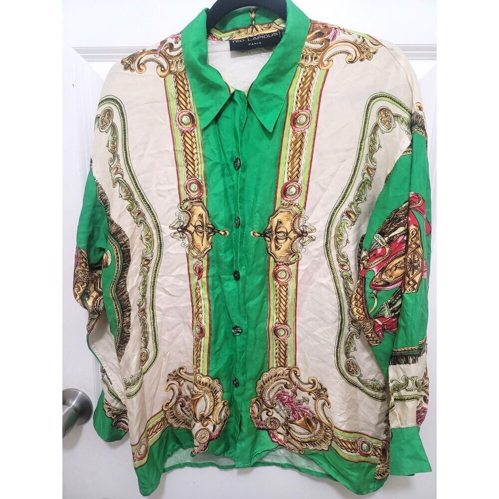VTG Ted Lapidus Paris Scarf Print Blouse Women's M Green Equestrian Preppy Shirt